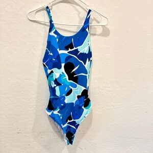 Nautica Swimsuit Womens Large Blue Black Floral One Piece Vacation Beach Summer